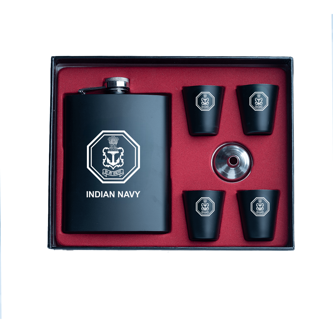 indian navy logo engraved hip flask gift set